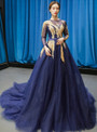 Romantic Navy Blue Tulle Long Sleeve Backless Prom Dress With Beading Sequins