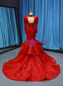 Brilliant Red Mermaid Lace High Neck Long Sleeve Backless Prom Dress