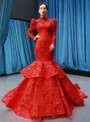 Brilliant Red Mermaid Lace High Neck Long Sleeve Backless Prom Dress