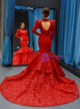 Brilliant Red Mermaid Lace High Neck Long Sleeve Backless Prom Dress