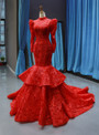 Brilliant Red Mermaid Lace High Neck Long Sleeve Backless Prom Dress