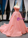 Fashionable Pink Ball Gown Tulle Off the Shoulder Appliques Prom Dress With Train