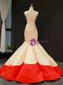Champagne Ang Red Mermaid Satin V-neck Pleats Floor Length Prom Dress