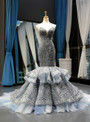 Fairy Tale Gray Mermaid Tulle Sequins Sweetheart Prom Dress With Train