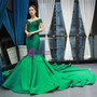 Fabulous Green Mermaid Satin Off the Shoulder Appliques Prom Dress With Train