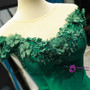 Fabulous Green Mermaid Satin Off the Shoulder Appliques Prom Dress With Train