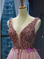 Pink Ball Gown Tulle Deep V-neck Backless Beading Long Prom Dress
