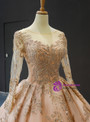 Splendid Champagne Gold Ball Gown Tulle Backless Long Sleeve Quinceanera Dresses