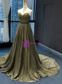 Sexy Gold Tulle Sweetheart Pleats Long Prom Dress With Pearls
