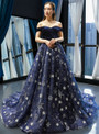 Charming Blue Ball Gown Tulle Star Sequins Off the Shoulder Prom Dress