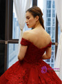 Burgundy Ball Gown Tulle Lace Appliques Off the Shoulder Prom Dress With Beading