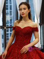 Burgundy Ball Gown Tulle Lace Appliques Off the Shoulder Prom Dress With Beading