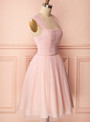 Simple Pink Tulle Straps Pleats Beading Homecoming Dress