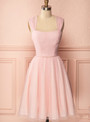 Simple Pink Tulle Straps Pleats Beading Homecoming Dress