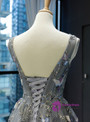 A-Line Gray Tulle Embroidery V-neck Backless Corset Long Prom Dress