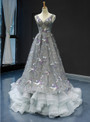 A-Line Gray Tulle Embroidery V-neck Backless Corset Long Prom Dress