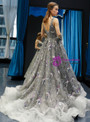 A-Line Gray Tulle Embroidery V-neck Backless Corset Long Prom Dress