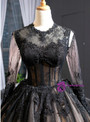 Stylish Black Ball Gown Tulle Lace Appliques Long Sleeve Luxury Prom Dress