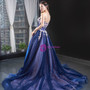 A-Line Blue Tulle Sweetheart White Appliques Prom Dress With Train