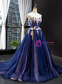A-Line Blue Tulle Sweetheart White Appliques Prom Dress With Train