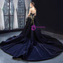 Navy Blue Velvet Strapless Backless Appliques Beading Prom Dress With Long Train