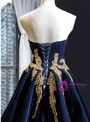 Navy Blue Velvet Strapless Backless Appliques Beading Prom Dress With Long Train