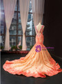 Elegant Yellow Mermaid Satin Orange Flower V-neck Beading Long Prom Dress