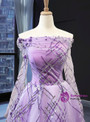 Purple Ball Gown Tulle Sequins Off the Shoulder Long Sleeve Prom Dress