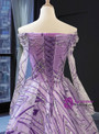 Purple Ball Gown Tulle Sequins Off the Shoulder Long Sleeve Prom Dress