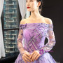 Purple Ball Gown Tulle Sequins Off the Shoulder Long Sleeve Prom Dress