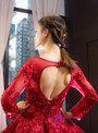Romantic Dark Red Ball Gown Tulle Appliques Long Sleeve Backless Prom Dress