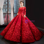 Romantic Dark Red Ball Gown Tulle Appliques Long Sleeve Backless Prom Dress