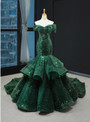 Glamorous Green Mermaid Sequins Off the Shoulder Luxury Prom Dress With Train