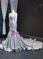 Distinctive Silver Gray Satin Tulle Long Sleeve Backless Long Prom Dress