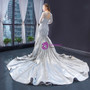 Distinctive Silver Gray Satin Tulle Long Sleeve Backless Long Prom Dress