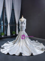 Distinctive Silver Gray Satin Tulle Long Sleeve Backless Long Prom Dress