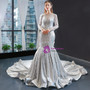 Distinctive Silver Gray Satin Tulle Long Sleeve Backless Long Prom Dress