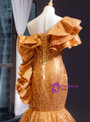 Fantastic Gold Yellow Mermaid Sequins Asymmetrical Neck Ruffles Long Prom Dress