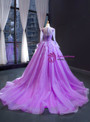 Flattering Purple Tulle Long Sleeve Beading Sequins Luxury Long Prom Dress