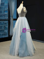 A-Line Gray Blue Tulle V-neck Backless Prom Dress With Beading