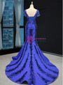 Dramatic Blue Mermaid Velvet Backless Cap Sleeve Prom Dress With Removable Train