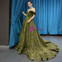 Stylish Green Ball Gown Off the Shoulder Velvet Embrodiery Appliques Prom Dress