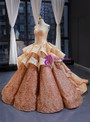 Champagne Ball Gown Sweetheart Sleeveless Appliques Lace Luxury Prom Dress