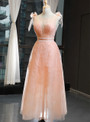 Pretty A-Line Orange Tulle Appliques Backless Pleats Prom Dress With Beading