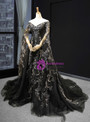 Charming Black Tulle Off the Shoulder Long Sleeve Prom Dress With Appliques