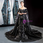 Charming Black Tulle Off the Shoulder Long Sleeve Prom Dress With Appliques