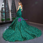 Sexy Green Mermaid Bateau Sequins Tassel Backless Prom Dress With Long Train
