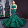 Sexy Green Mermaid Bateau Sequins Tassel Backless Prom Dress With Long Train