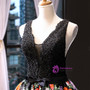 Impressive Black Ball Gown Satin Lace Print V-neck Prom Dress With Beading