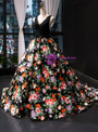Impressive Black Ball Gown Satin Lace Print V-neck Prom Dress With Beading
